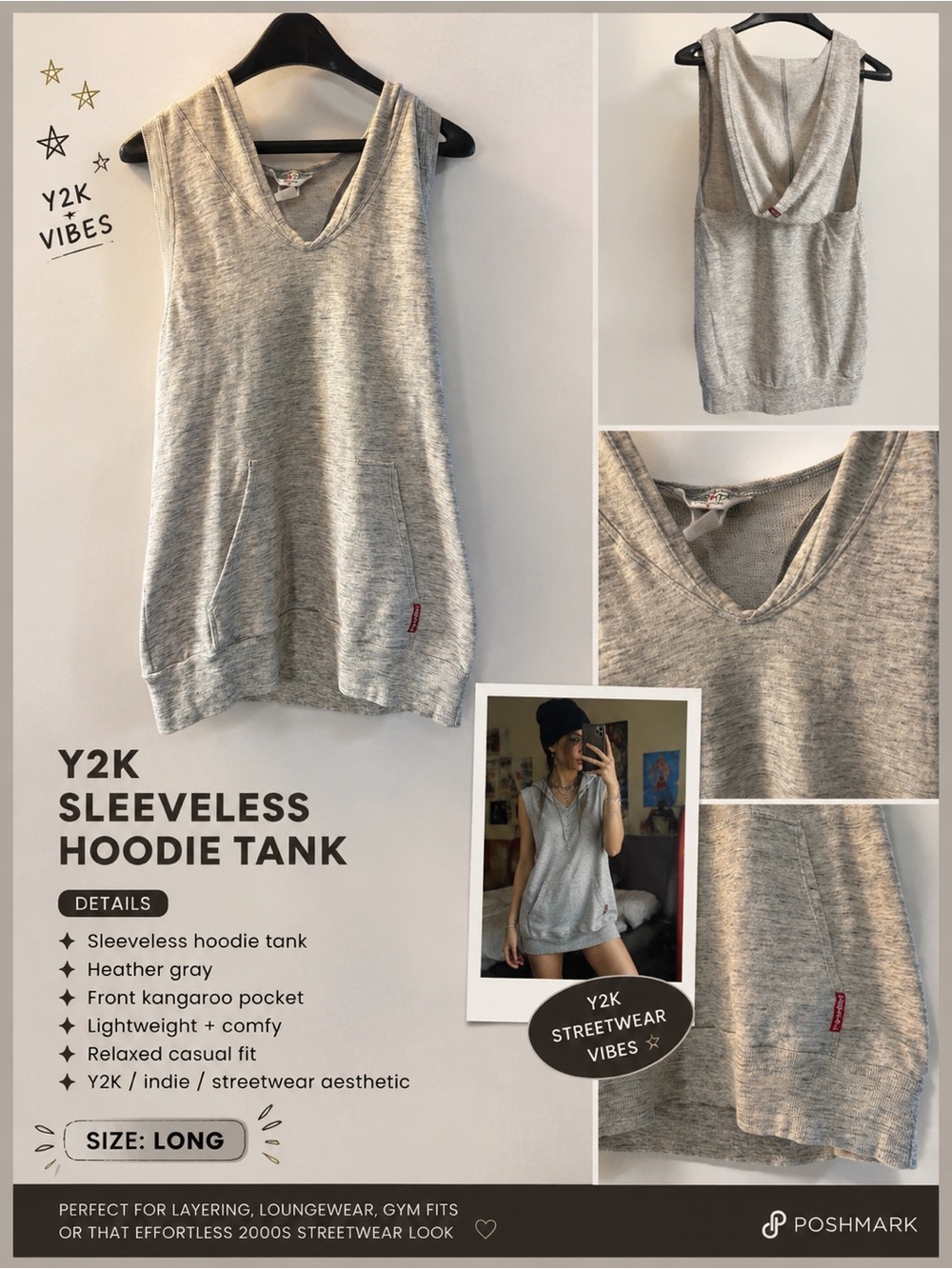Y2K Sleeveless Hoodie Tank Top Gray Kangaroo Pocket Casual Streetwear